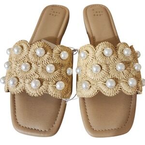 NWT A New Day Tan Raffia/Pearl Slides 10 effortless elegance, resort-ready chic